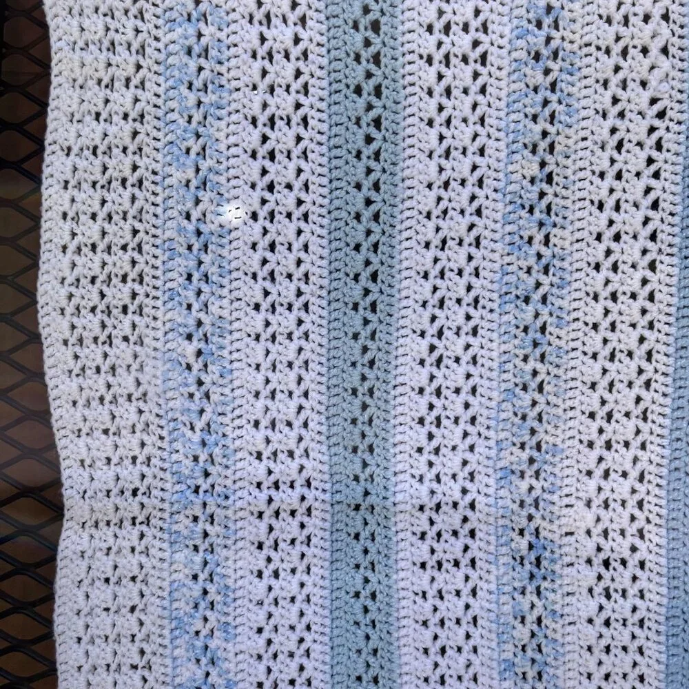 Hand Crochet Blue White Stripe Pearlized Thread Baby Blanket 36